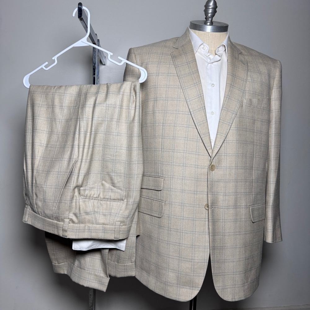 Custom Tailored 2-Piece Suit Mens 50R 46x31 Beige Blue Windowpane Wool Linen